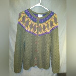 Pendleton Olive Green Cardigan with Purple and Yellow Accents